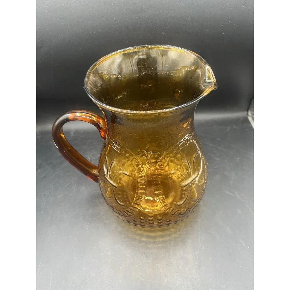Vintage Zrike Renaissance Amber Glass Pitcher 90 oz 9.5” Embossed Glass